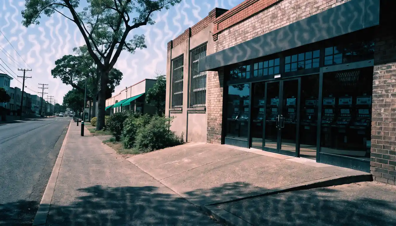 Hazy suburban ramp outside a quiet gaming venue