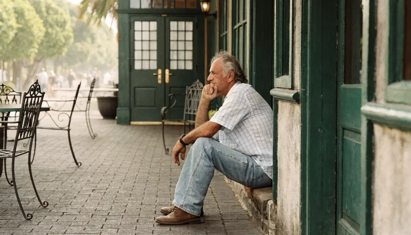Man sits on terrace step, club entrance behind, haze.