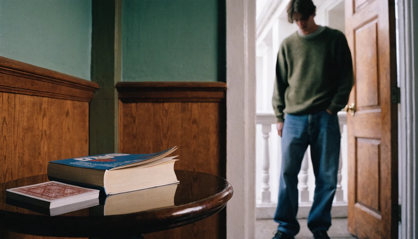 Adult man in hotel room corner, cards visible