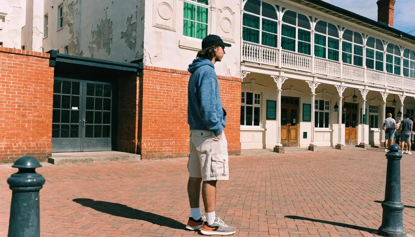 Man observing quiet forecourt, gaming venue entrance
