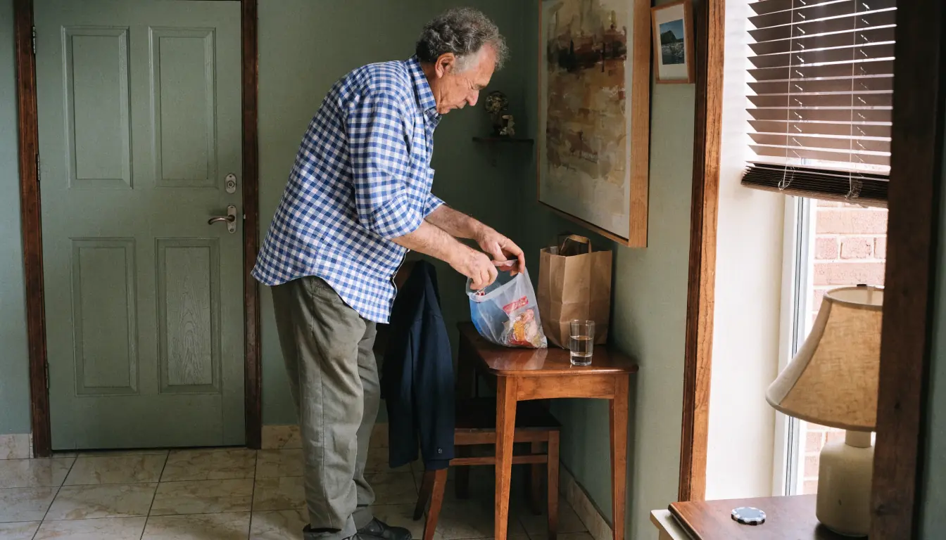 63‑year‑old man sorting bag items, chip on table