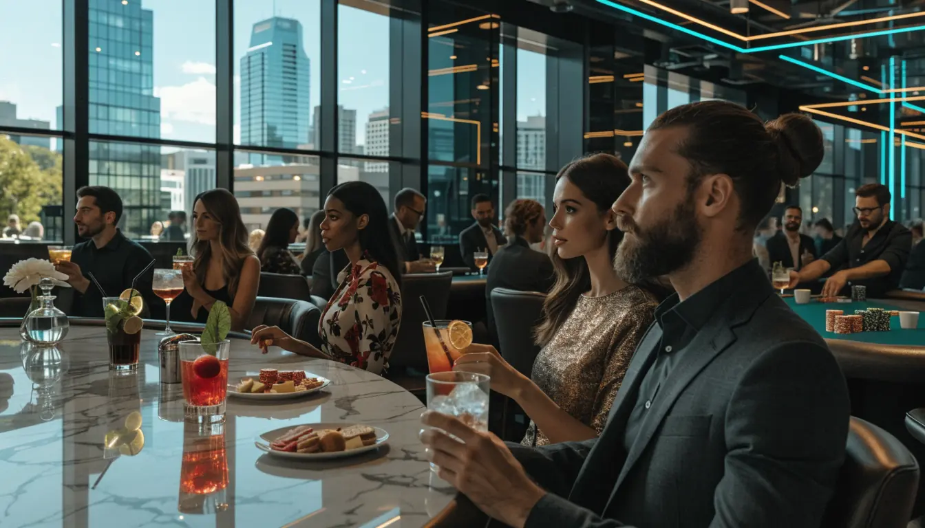 Modern Australian casino VIP lounge with neon lights