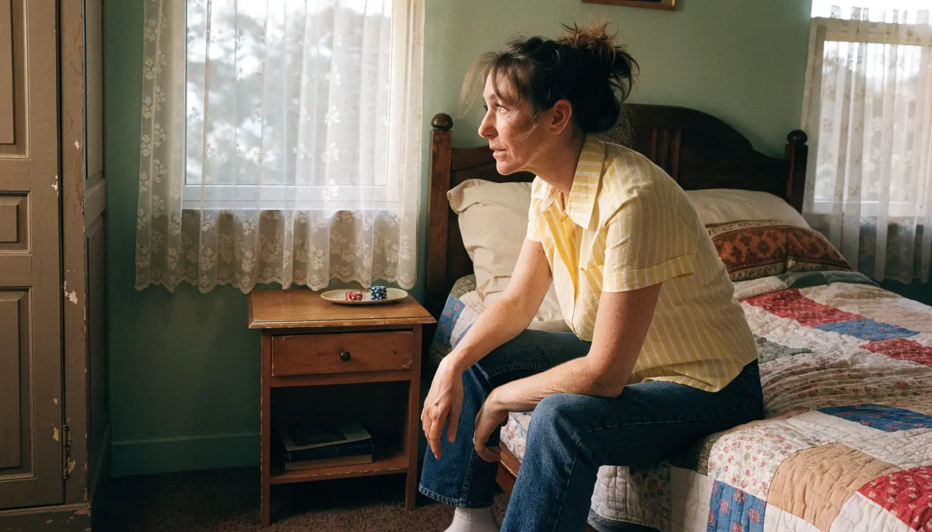 Bedroom table with two casino chips and a thoughtful woman