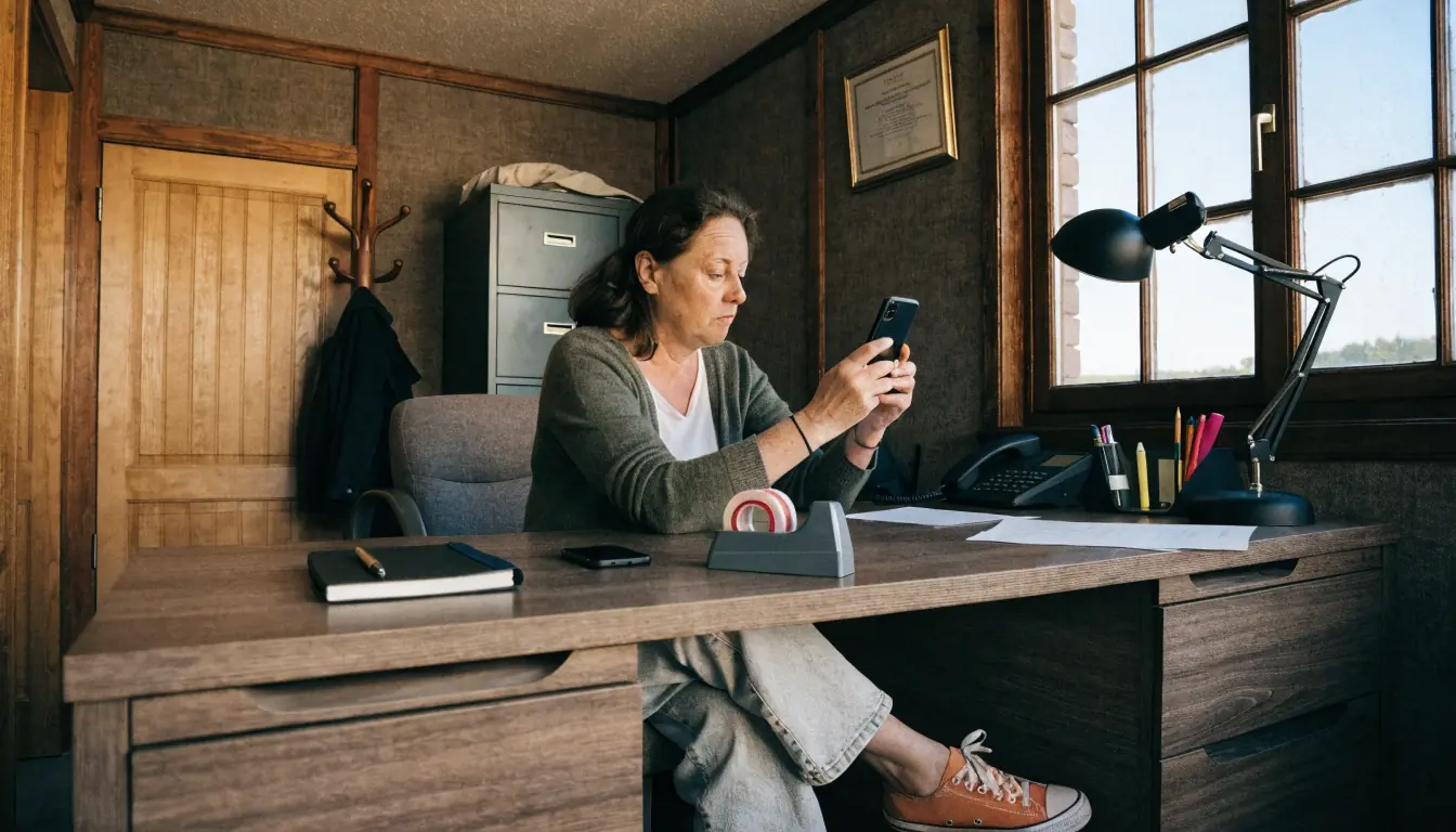Woman checking phone notification in office