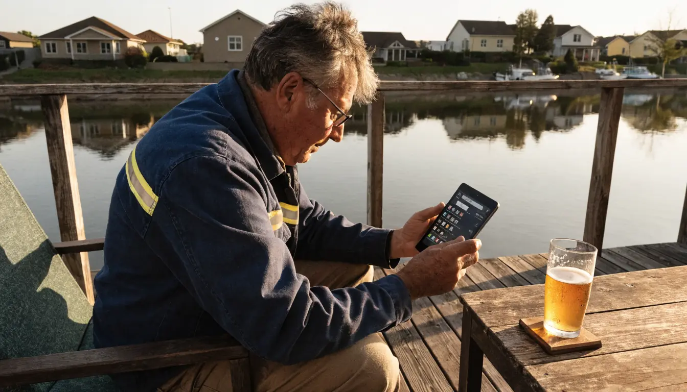 Man browsing game on tablet at river deck