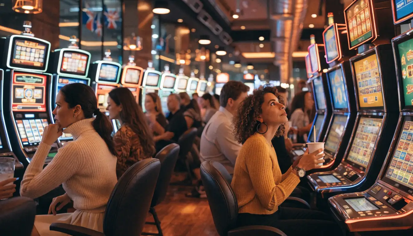 Colorful casino floor with players at Australian pokies machines