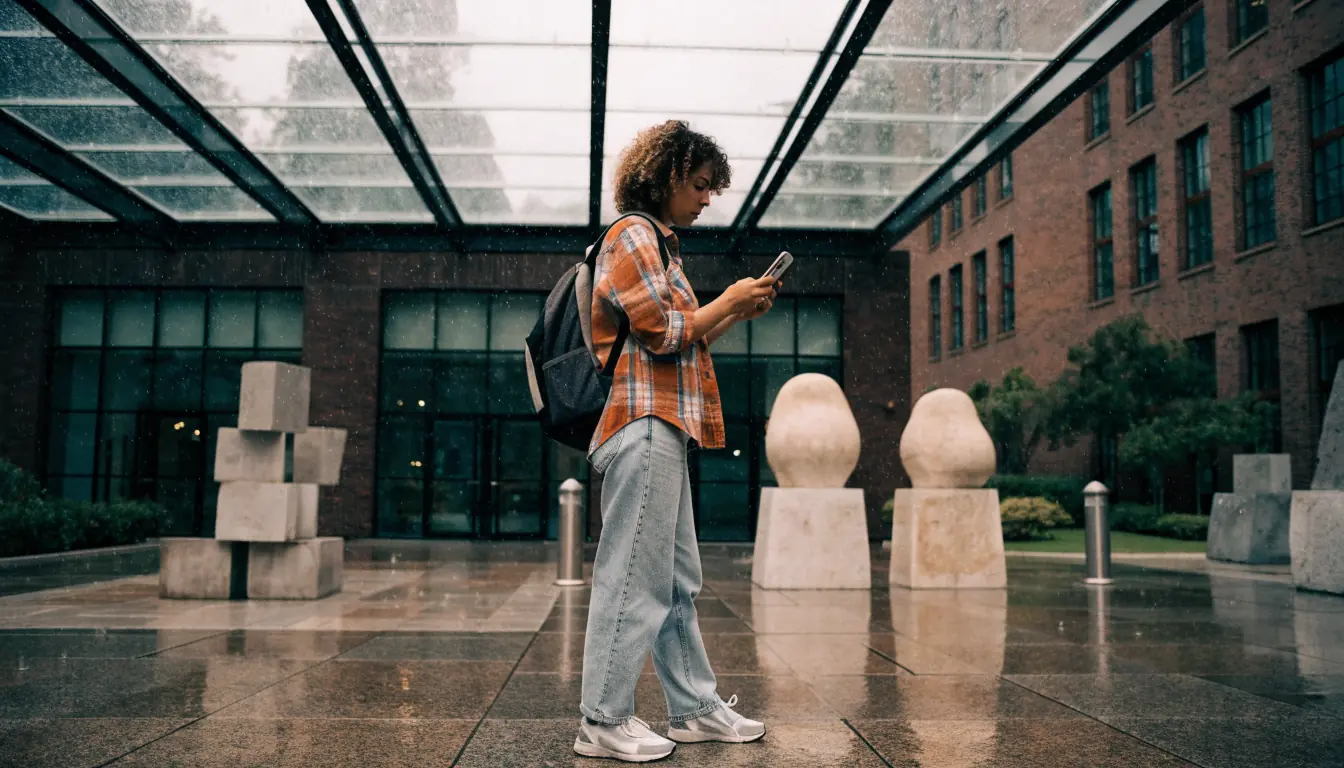 Young freelancer pausing with phone in gallery