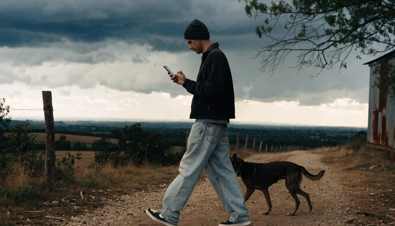 Man with dog on farm path reviewing phone.
