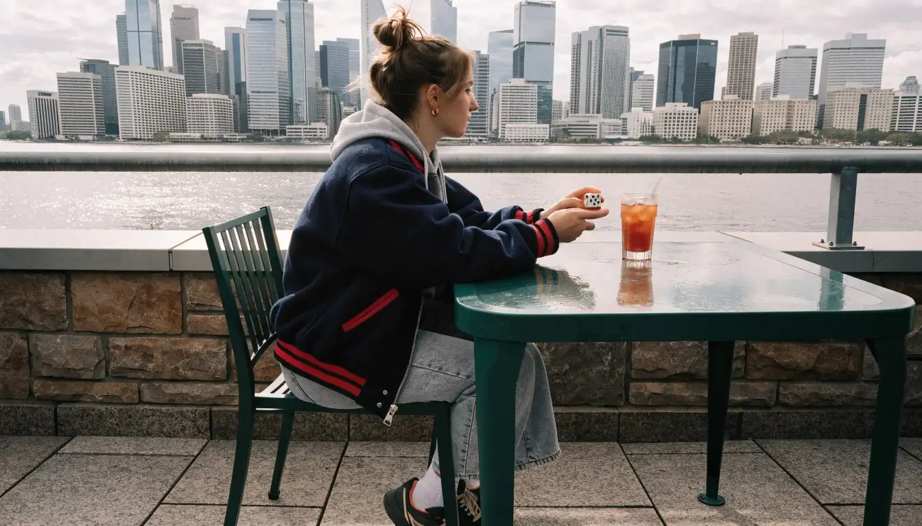Young woman turning a die on rooftop terrace