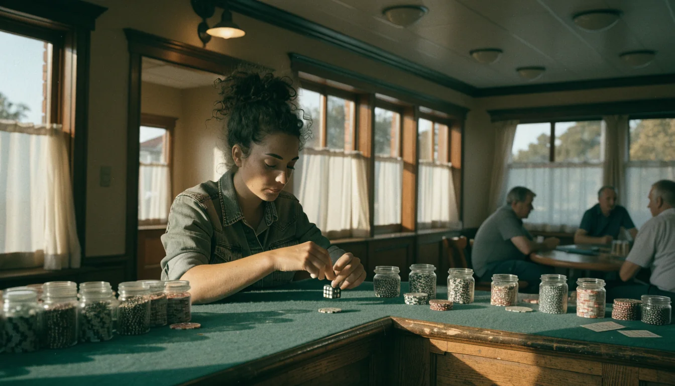 Female dealer turning die in sunset poker room