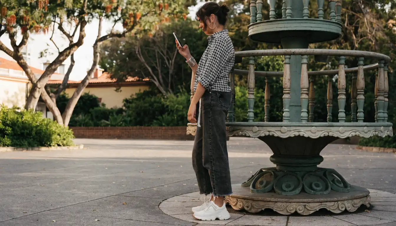 Tired Australian student checking phone at park.