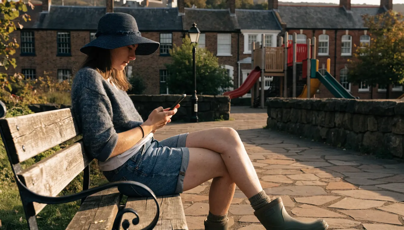 Gardener reviewing session summary on phone at playground