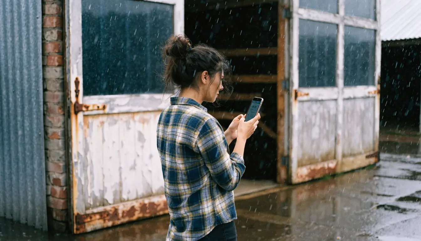 Young woman in rainy barn holding phone