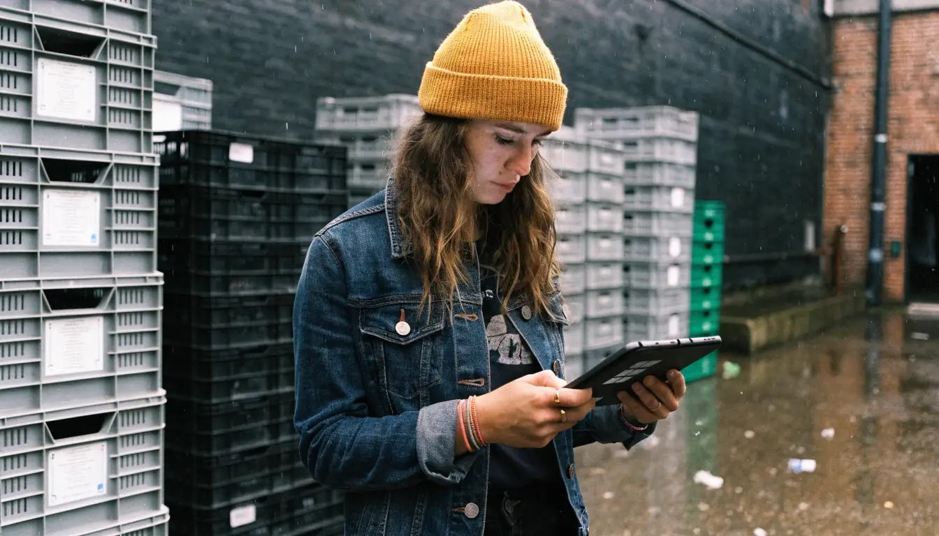 Young apprentice examines tablet in overcast depot.