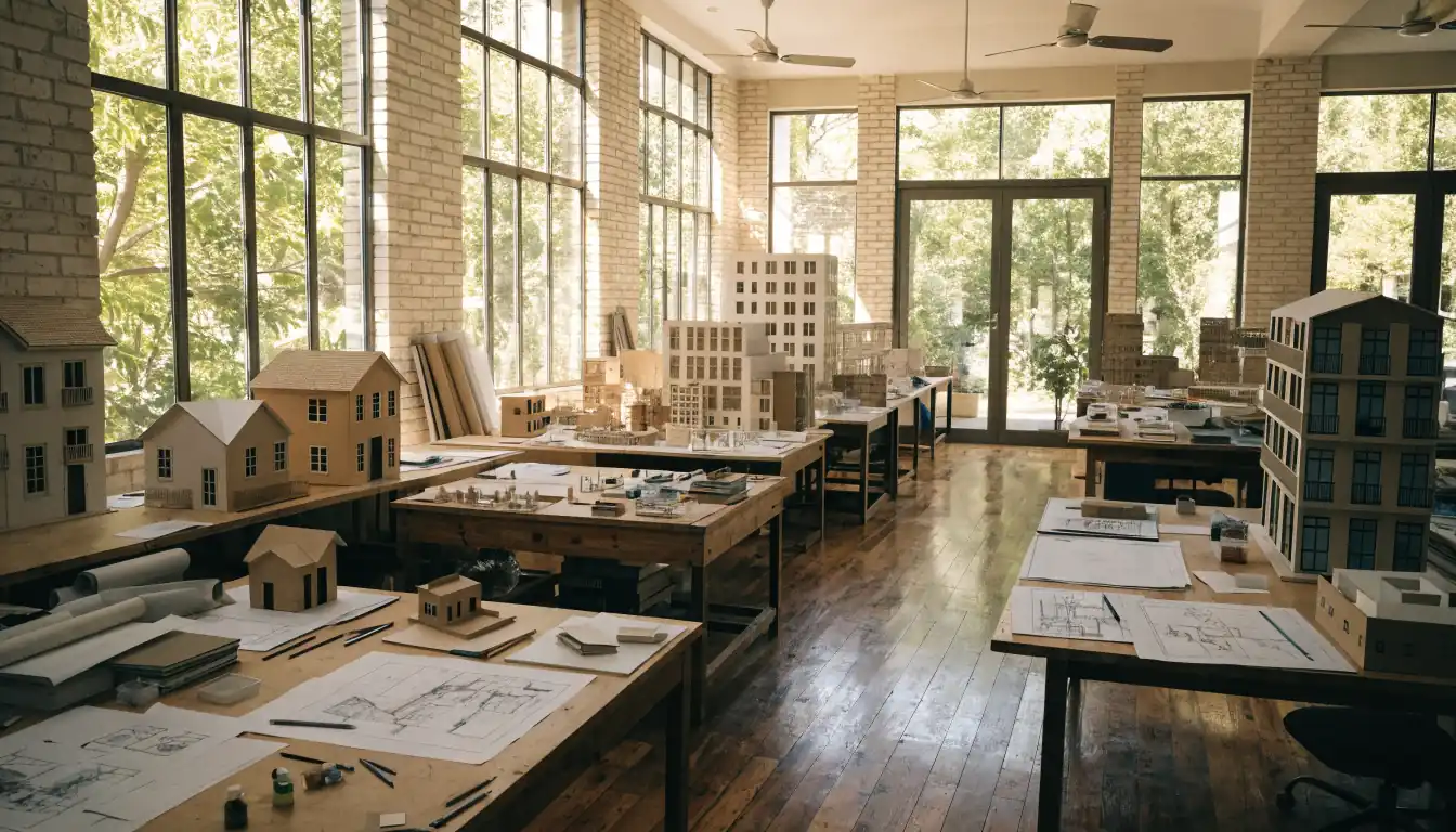 Empty Australian architecture studio with cutting benches