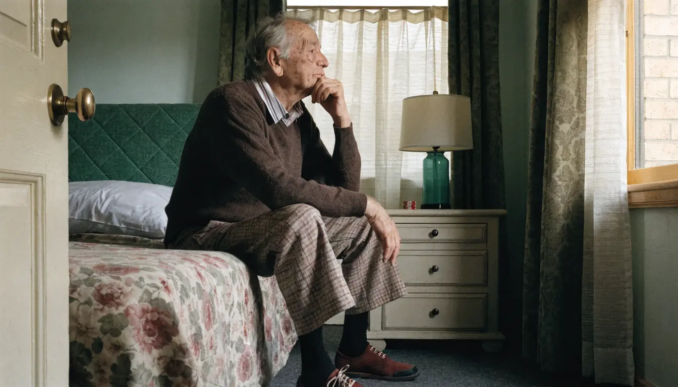 Elderly man with chin on hand, casino chip on bedside table