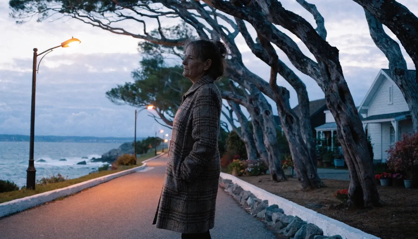 57-year-old woman standing by farm creek at dusk.
