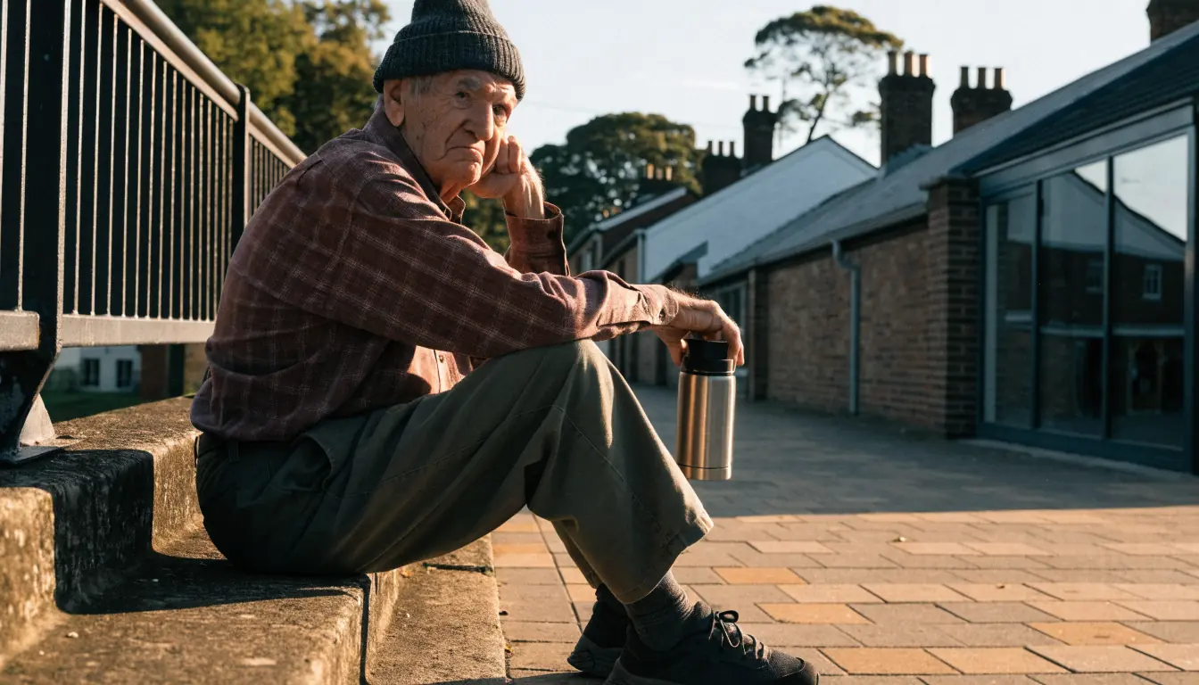 74-year-old man sitting on footbridge ledge at sunset.