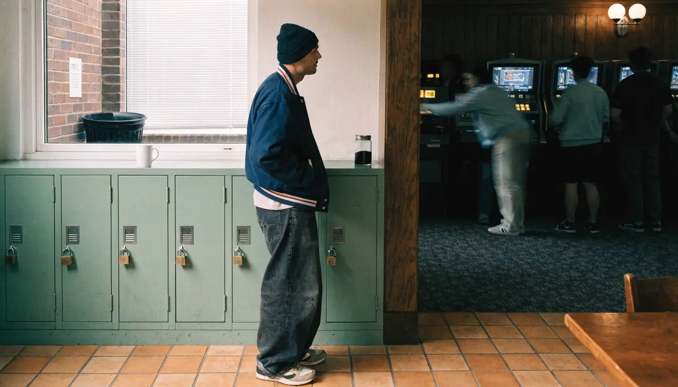 Man in locker alcove observing blurred poker machines
