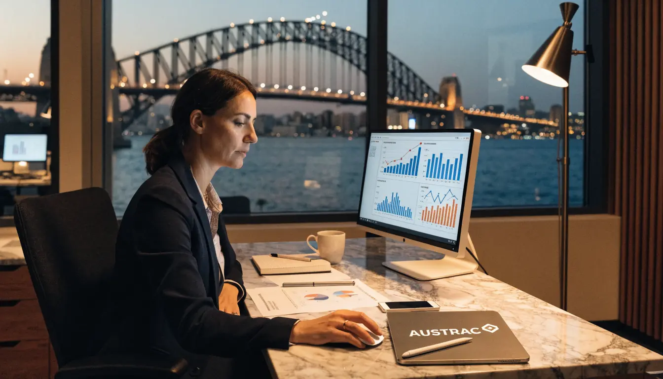 Australian compliance analyst reviewing crypto transaction data