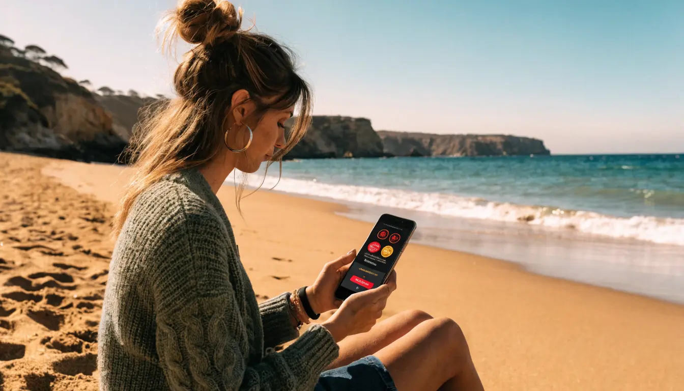 Australian woman on beach using casino app with free spins