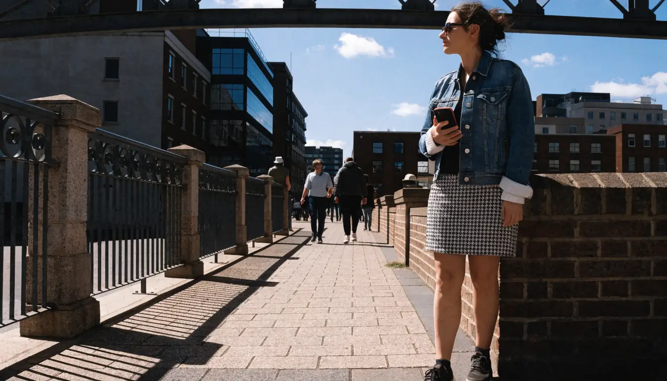 Woman lowers smartphone on footbridge under bright sun