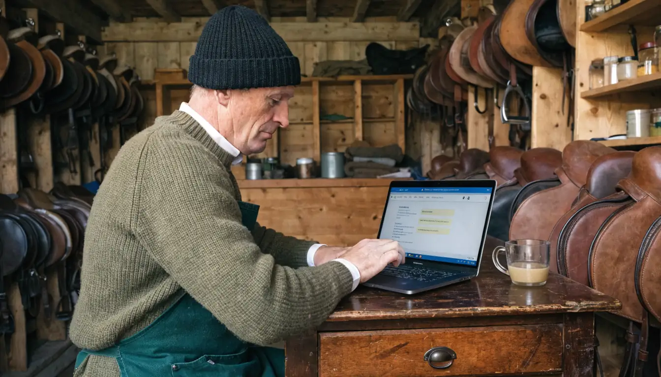 Man at laptop in tack room