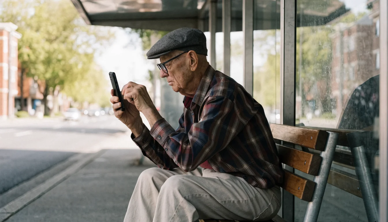 Elderly man using smartphone in bus shelter